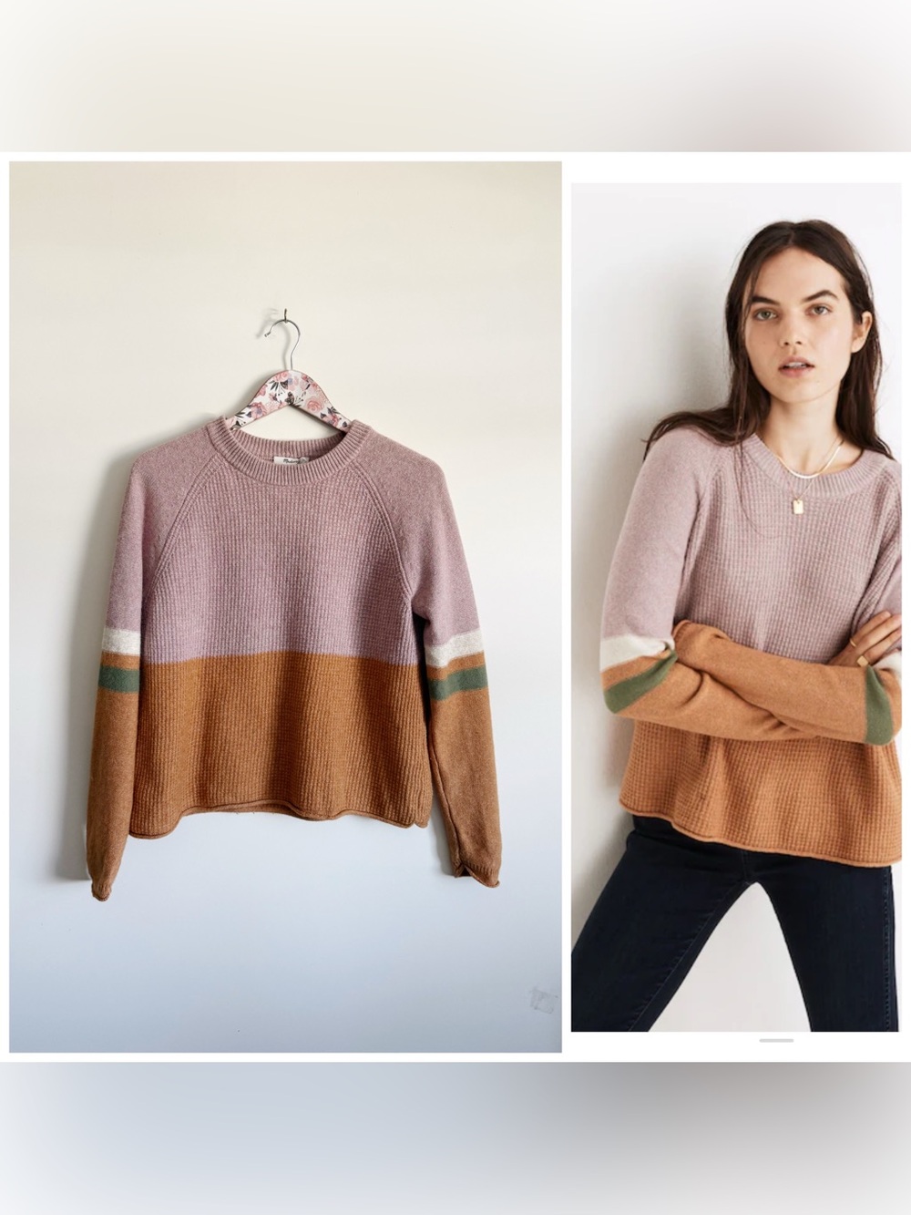 MADEWELL Striped Roll-Trim Waffle Pullover Sweater Cotton-Merino Yarn Small